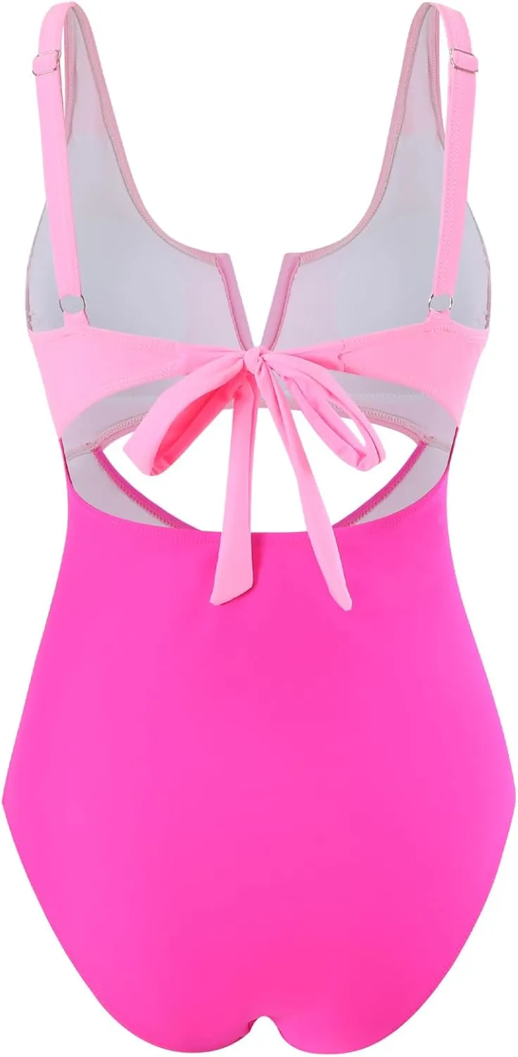 HXN Womens Color Block One Piece Swimsuit Tummy Control V Neck Cutout Slimming Bathing Suit Swim Suit Swimwear