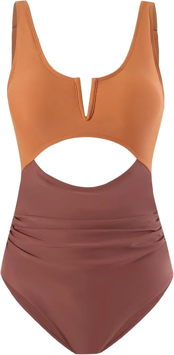HXN Womens Color Block One Piece Swimsuit Tummy Control V Neck Cutout Slimming Bathing Suit Swim Suit Swimwear