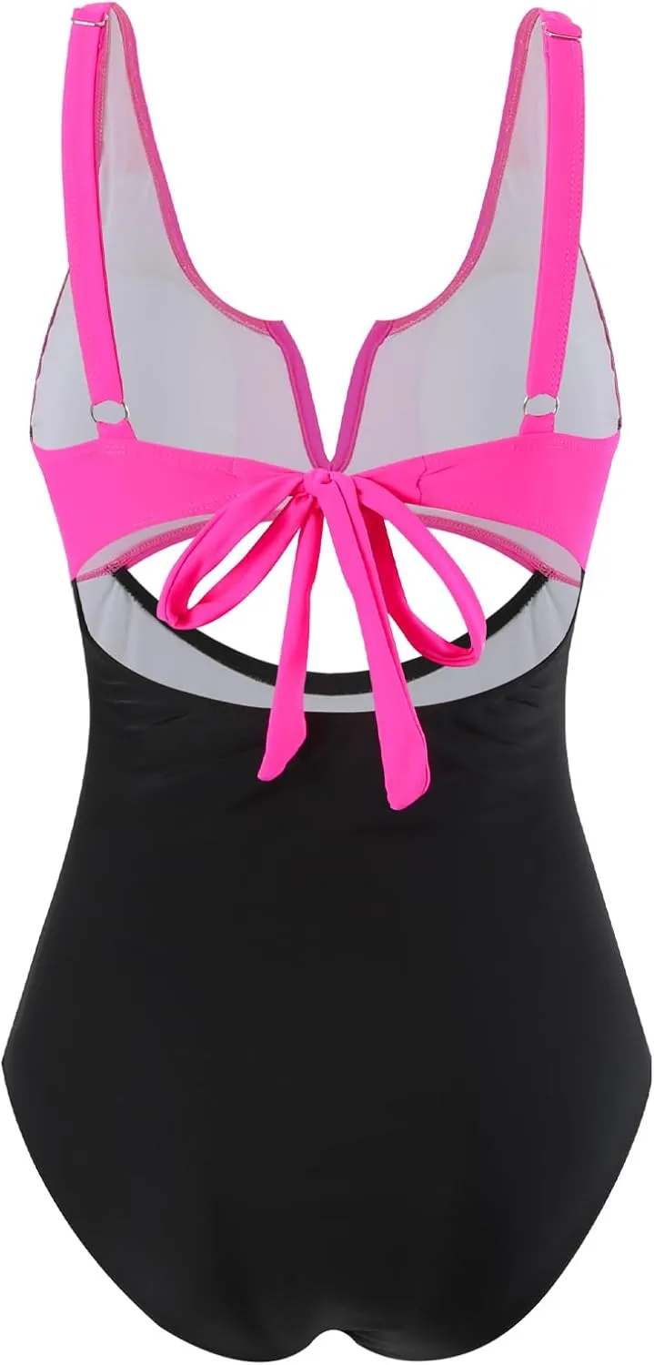 HXN Womens Color Block One Piece Swimsuit Tummy Control V Neck Cutout Slimming Bathing Suit Swim Suit Swimwear