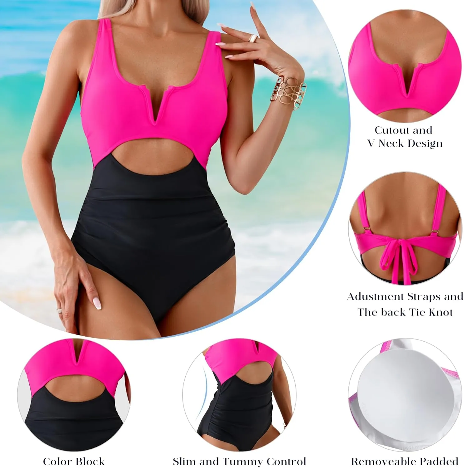 HXN Womens Color Block One Piece Swimsuit Tummy Control V Neck Cutout Slimming Bathing Suit Swim Suit Swimwear