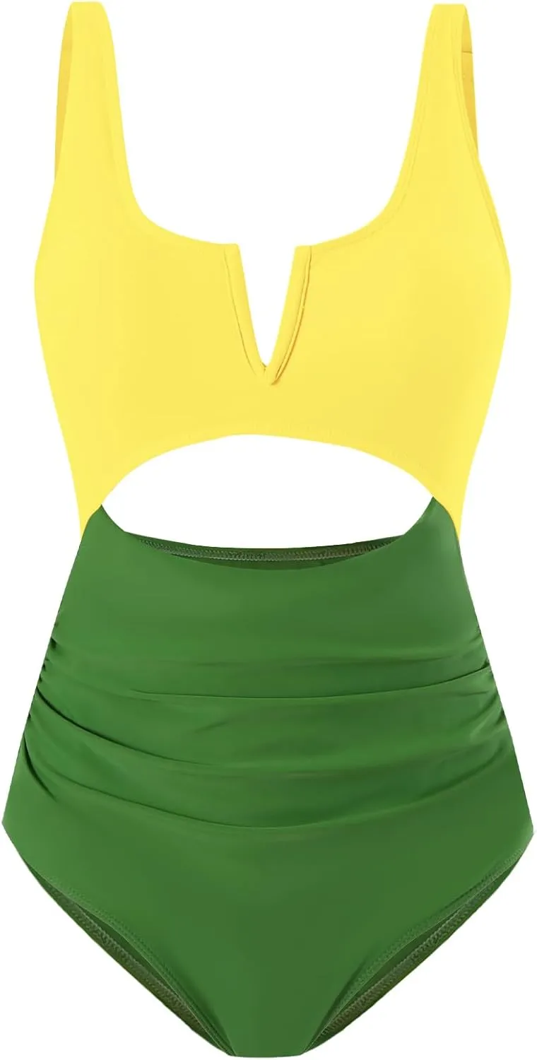 HXN Womens Color Block One Piece Swimsuit Tummy Control V Neck Cutout Slimming Bathing Suit Swim Suit Swimwear