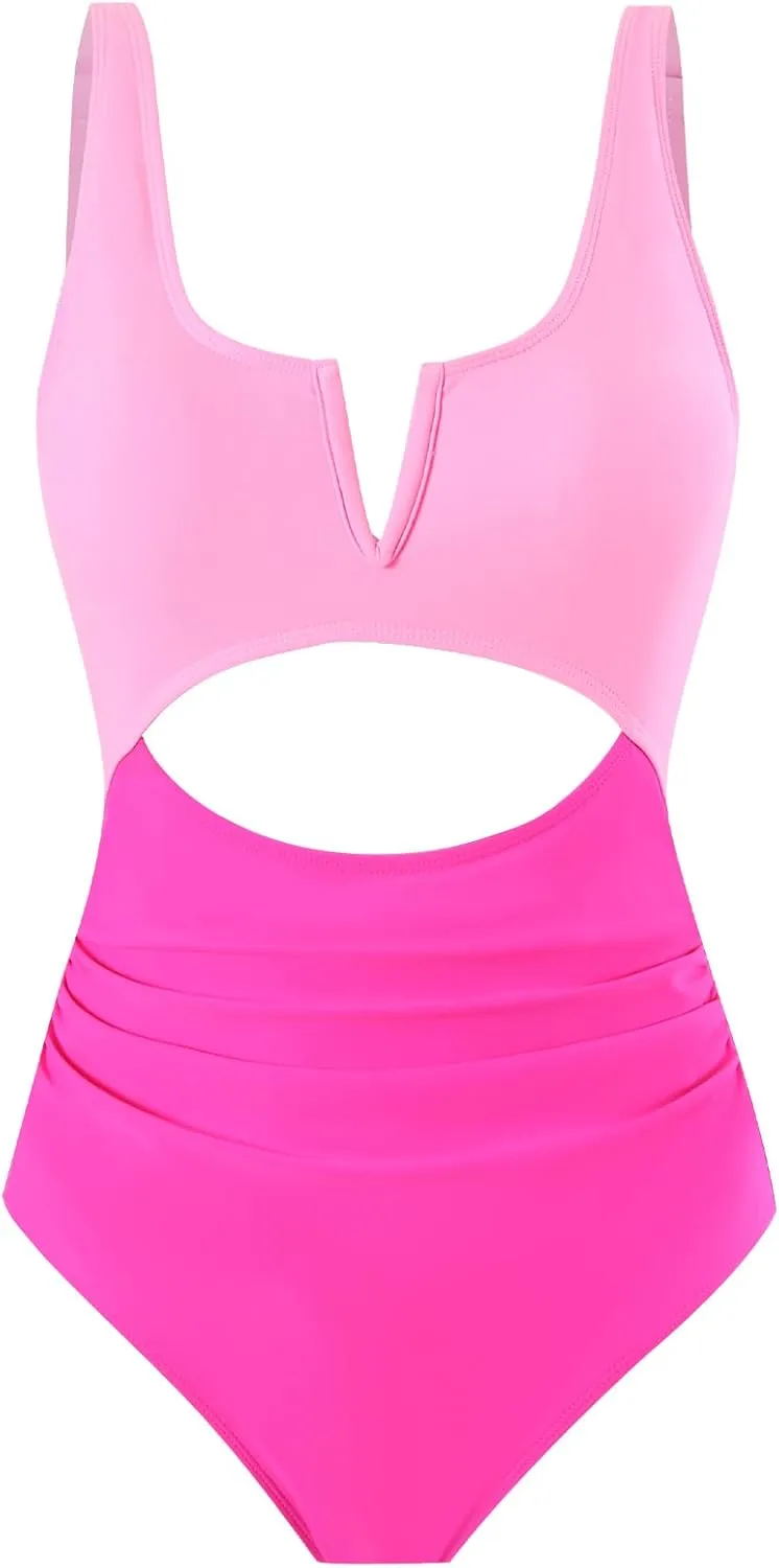 HXN Womens Color Block One Piece Swimsuit Tummy Control V Neck Cutout Slimming Bathing Suit Swim Suit Swimwear
