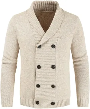 HZCX FASHION Mens Cardigan Shawl Collar Double Breasted Cable Knit Fall Sweater