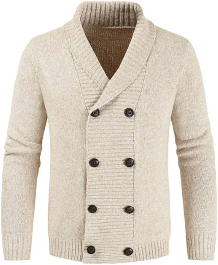 HZCX FASHION Mens Cardigan Shawl Collar Double Breasted Cable Knit Fall Sweater