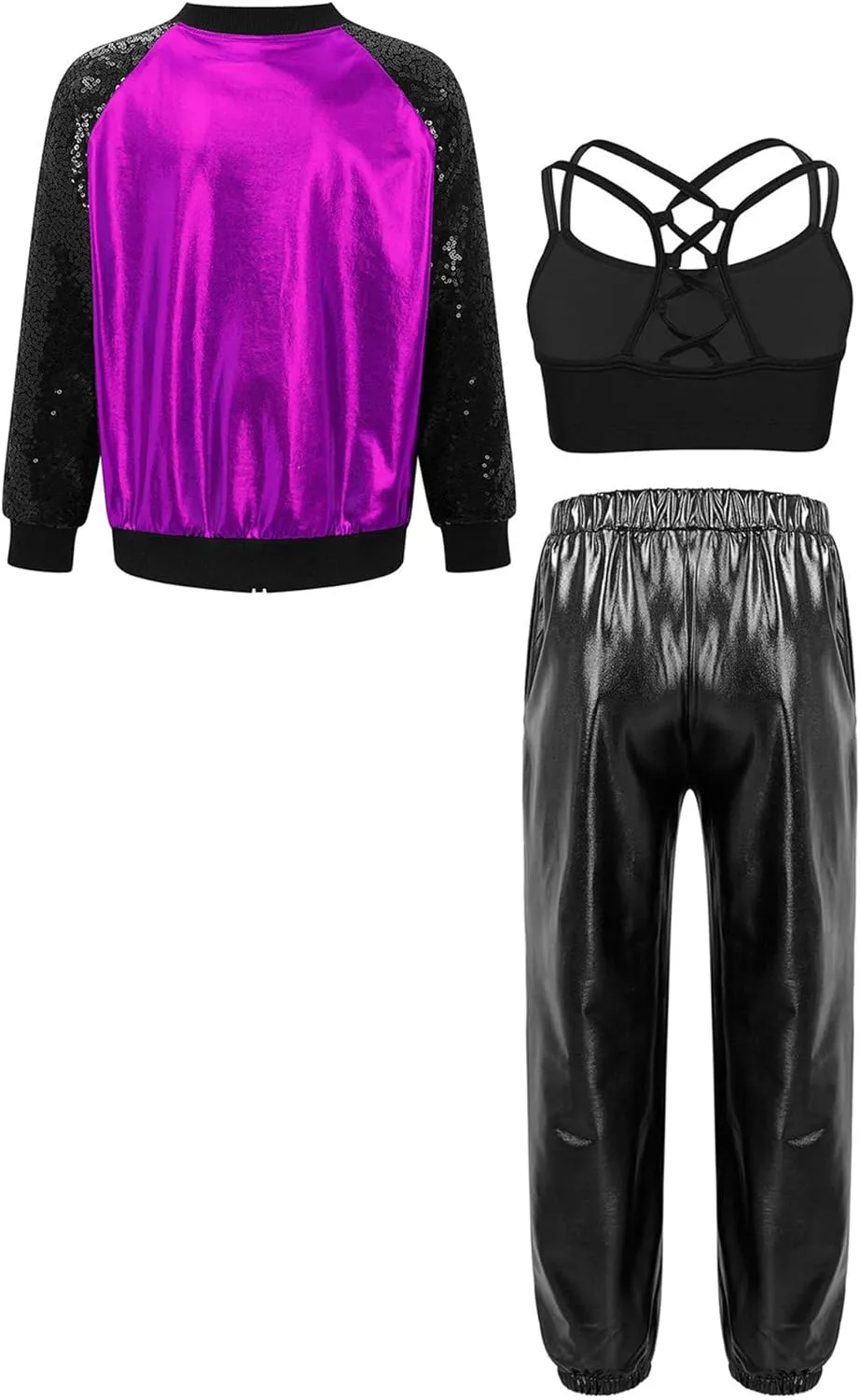 JEATHA Girls Hip-hop Street Dance Outfits Shiny Metallic Bomber Jacket  Sports Crop Top   Pants Set Activewear Tracksuit