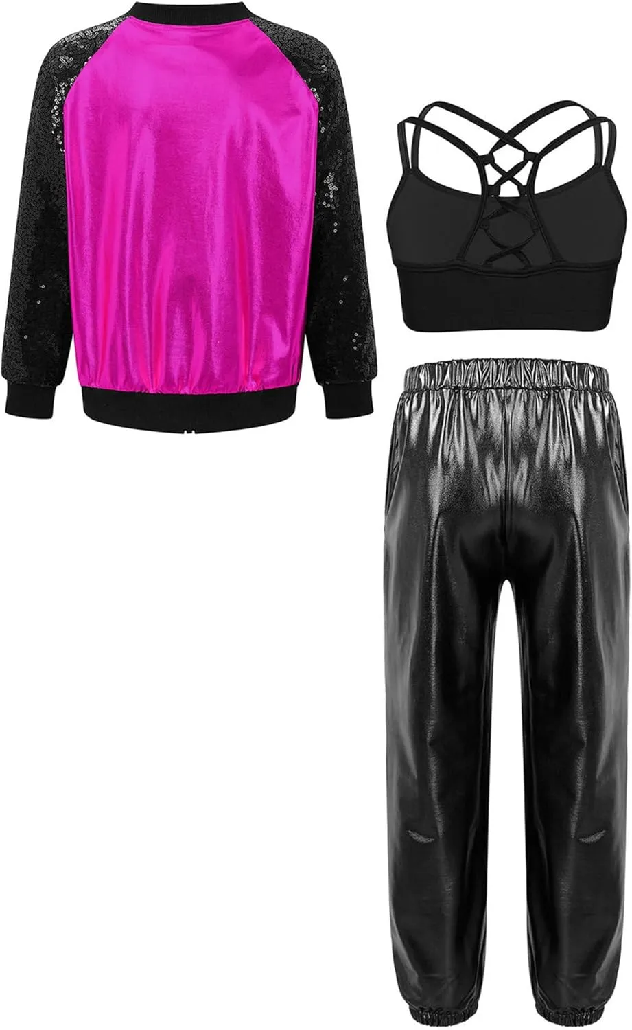 JEATHA Girls Hip-hop Street Dance Outfits Shiny Metallic Bomber Jacket  Sports Crop Top   Pants Set Activewear Tracksuit