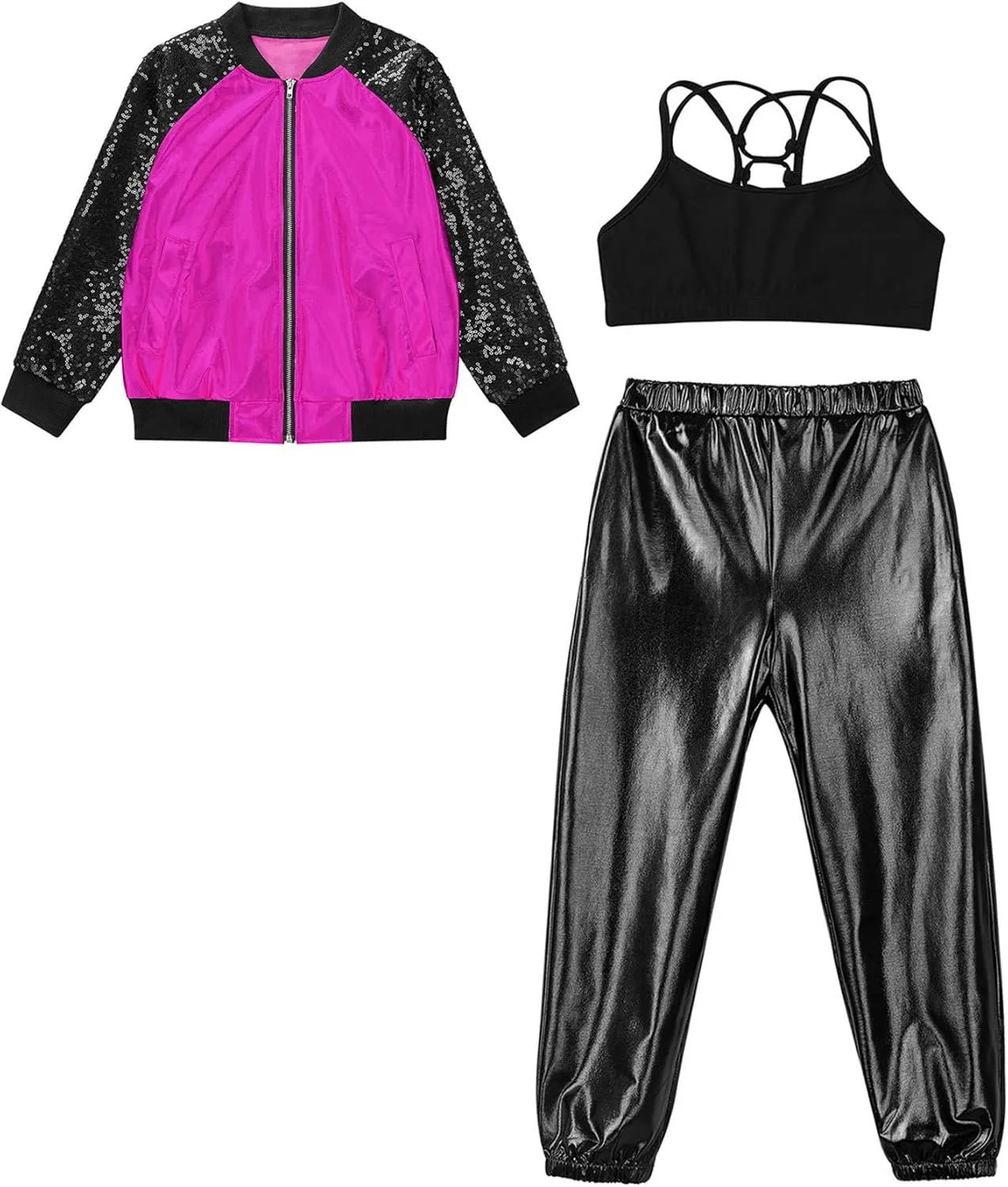 JEATHA Girls Hip-hop Street Dance Outfits Shiny Metallic Bomber Jacket  Sports Crop Top   Pants Set Activewear Tracksuit