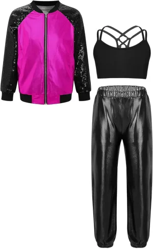 JEATHA Girls Hip-hop Street Dance Outfits Shiny Metallic Bomber Jacket  Sports Crop Top   Pants Set Activewear Tracksuit