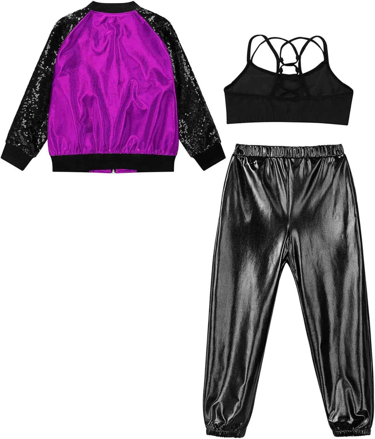 JEATHA Girls Hip-hop Street Dance Outfits Shiny Metallic Bomber Jacket  Sports Crop Top   Pants Set Activewear Tracksuit