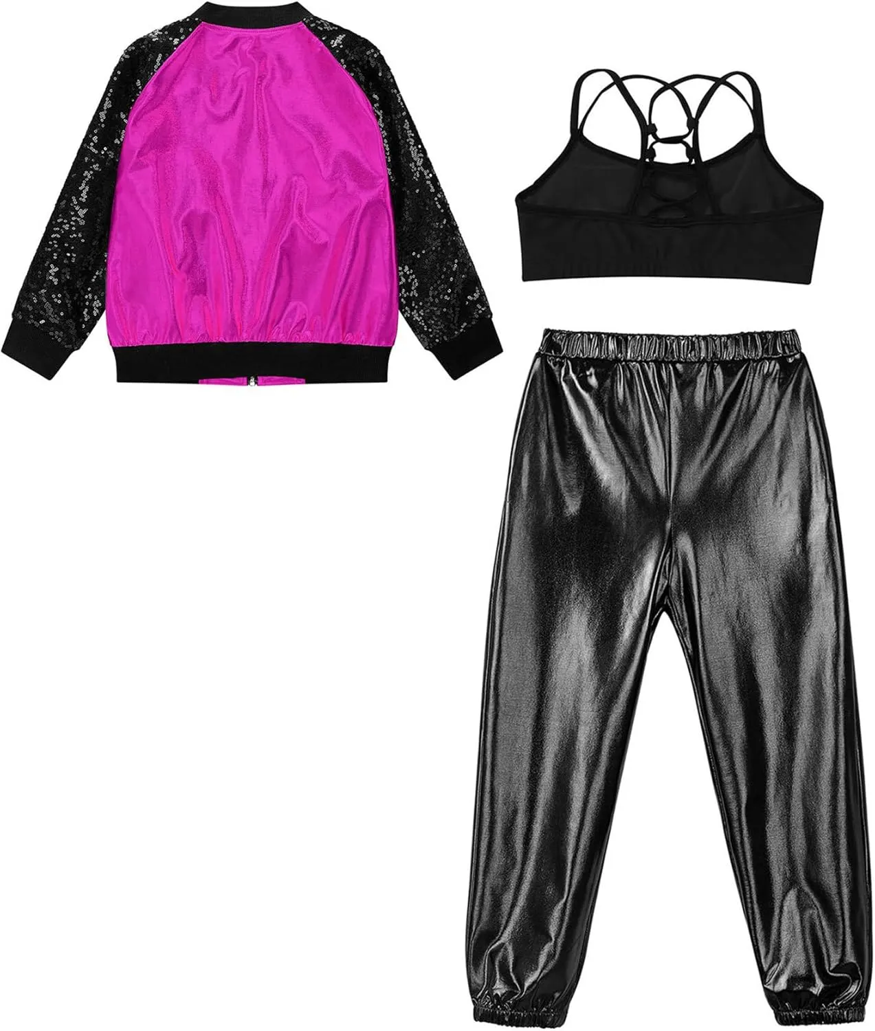 JEATHA Girls Hip-hop Street Dance Outfits Shiny Metallic Bomber Jacket  Sports Crop Top   Pants Set Activewear Tracksuit