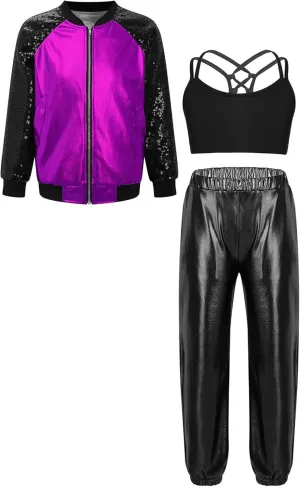 JEATHA Girls Hip-hop Street Dance Outfits Shiny Metallic Bomber Jacket  Sports Crop Top   Pants Set Activewear Tracksuit