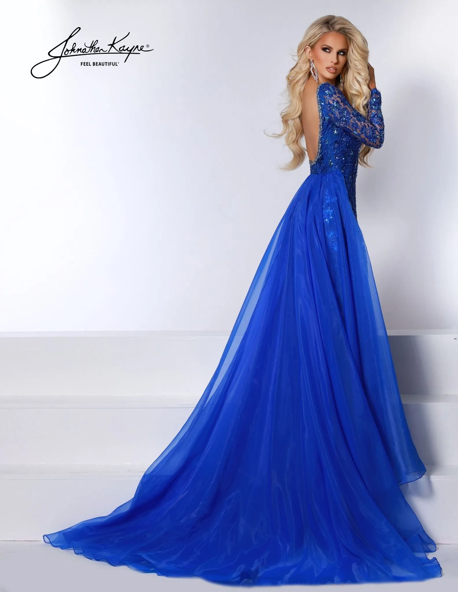 Johnathan Kayne 2732 Beaded Lace Pageant Gown sequin deep plunge v neck stretch organza long cape dress