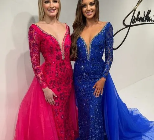 Johnathan Kayne 2732 Beaded Lace Pageant Gown sequin deep plunge v neck stretch organza long cape dress