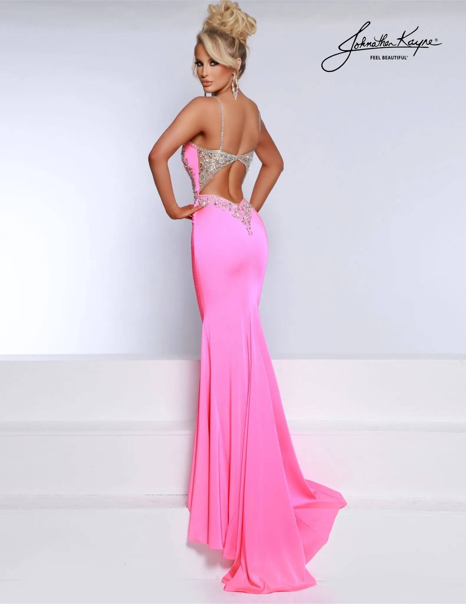 Johnathan Kayne 2918 Size 8 Taffy Pink Sheer Backless Crystal Prom Dress Pageant Gown Formal Crepe