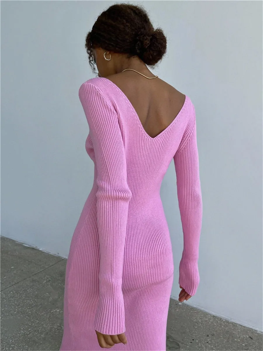 JuliaFashion - 2024 V-Neck Backless Knit Rib Wrap Midi Pencil Dress