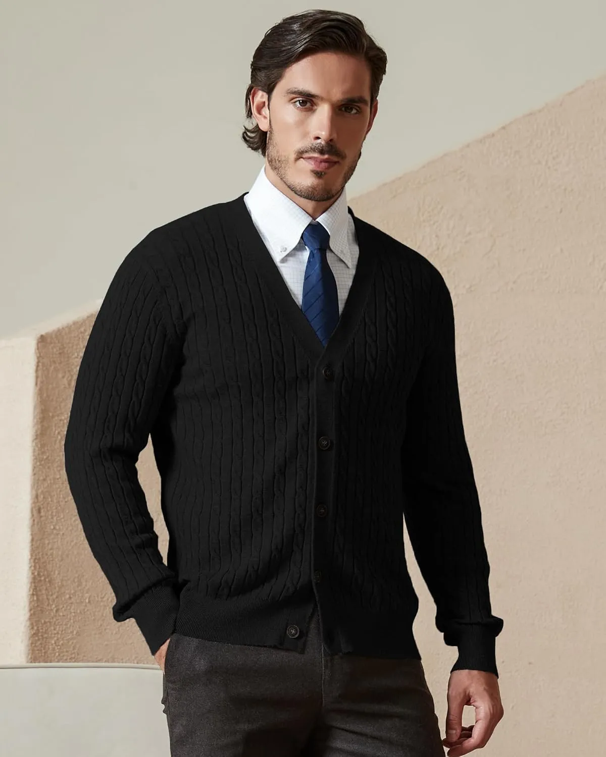 Kallspin Men's Pure Cotton Cable Knit Cardigan V-Neck Sweater Classic Casual Knitwear with Buttons