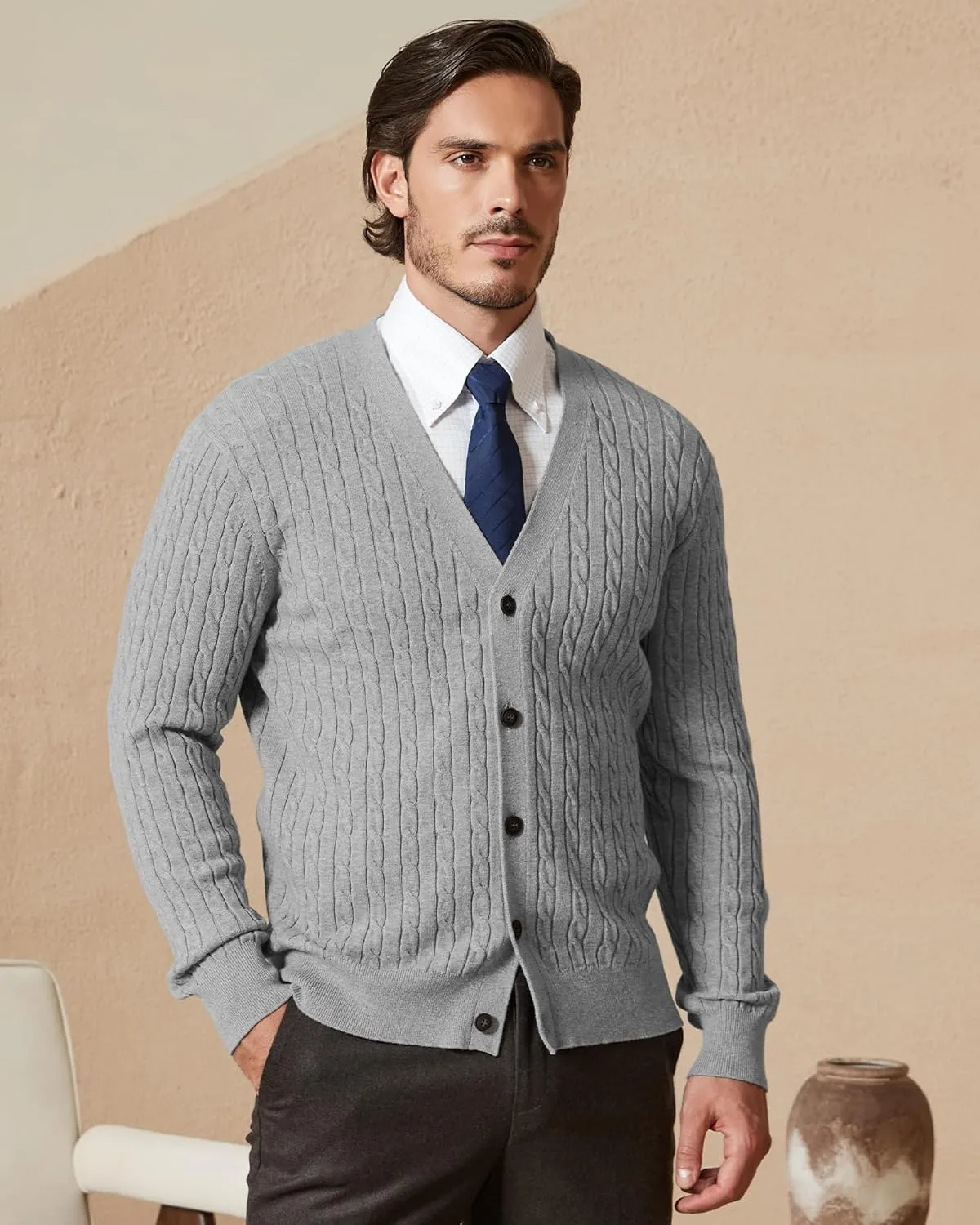 Kallspin Men's Pure Cotton Cable Knit Cardigan V-Neck Sweater Classic Casual Knitwear with Buttons