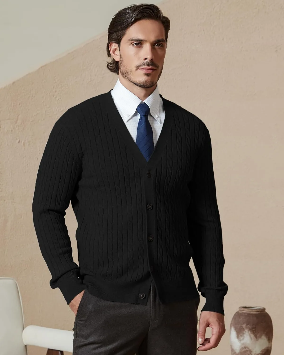 Kallspin Men's Pure Cotton Cable Knit Cardigan V-Neck Sweater Classic Casual Knitwear with Buttons