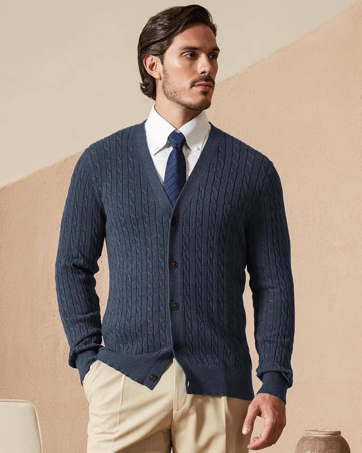 Kallspin Men's Pure Cotton Cable Knit Cardigan V-Neck Sweater Classic Casual Knitwear with Buttons