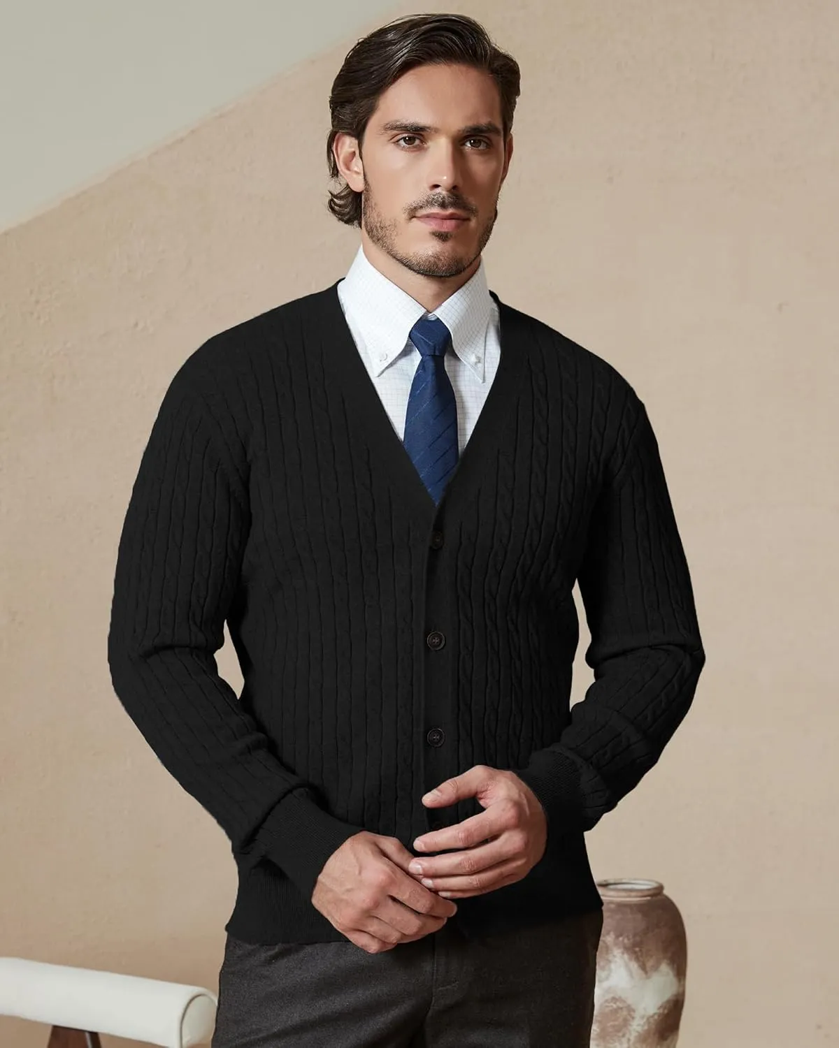 Kallspin Men's Pure Cotton Cable Knit Cardigan V-Neck Sweater Classic Casual Knitwear with Buttons