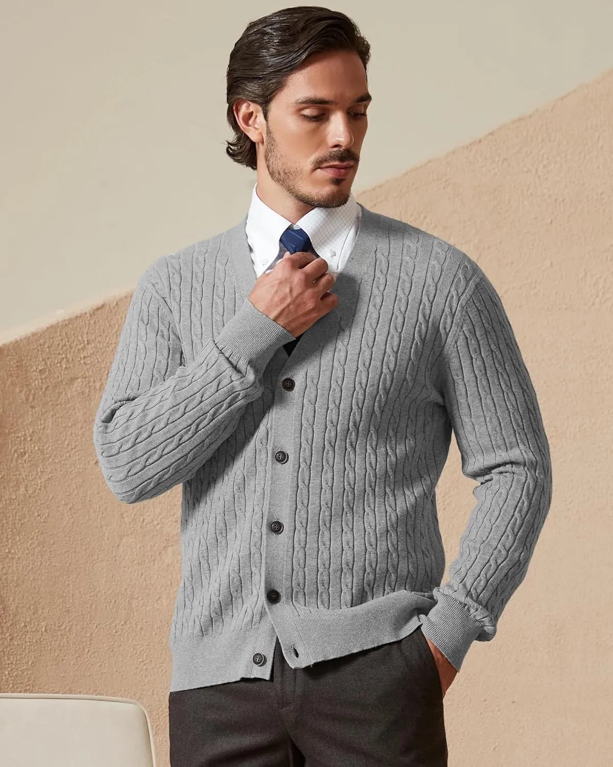Kallspin Men's Pure Cotton Cable Knit Cardigan V-Neck Sweater Classic Casual Knitwear with Buttons