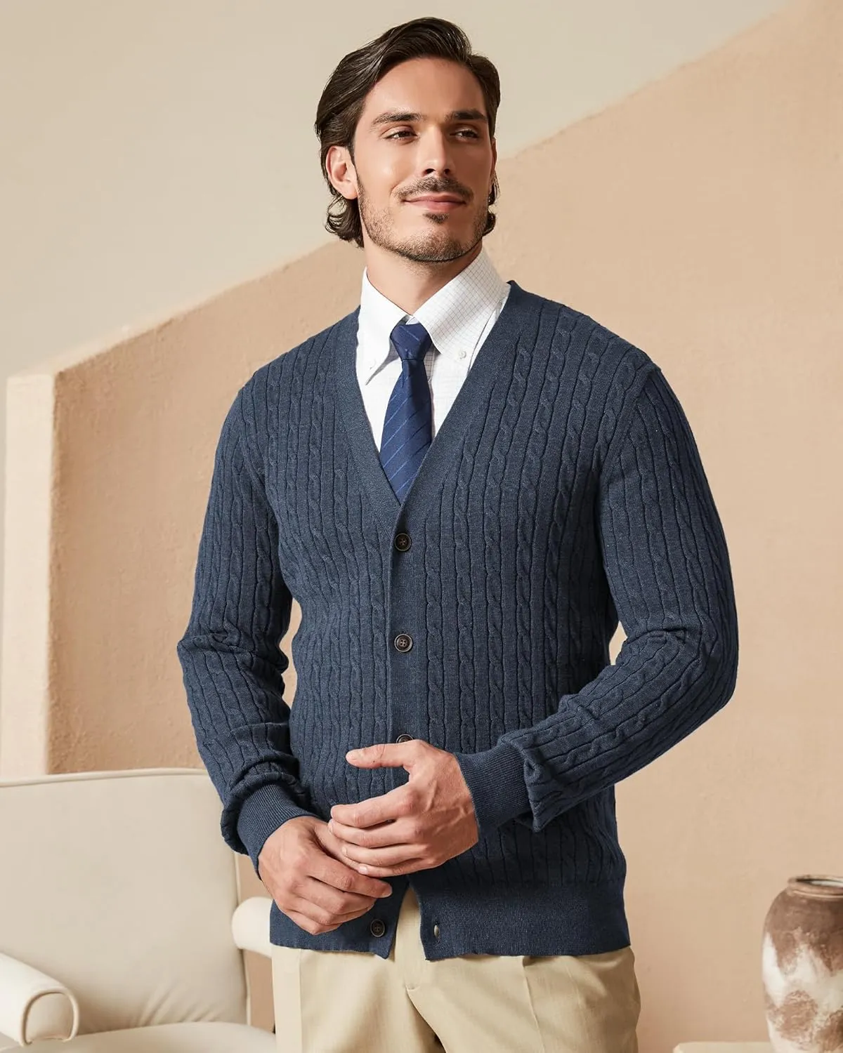 Kallspin Men's Pure Cotton Cable Knit Cardigan V-Neck Sweater Classic Casual Knitwear with Buttons
