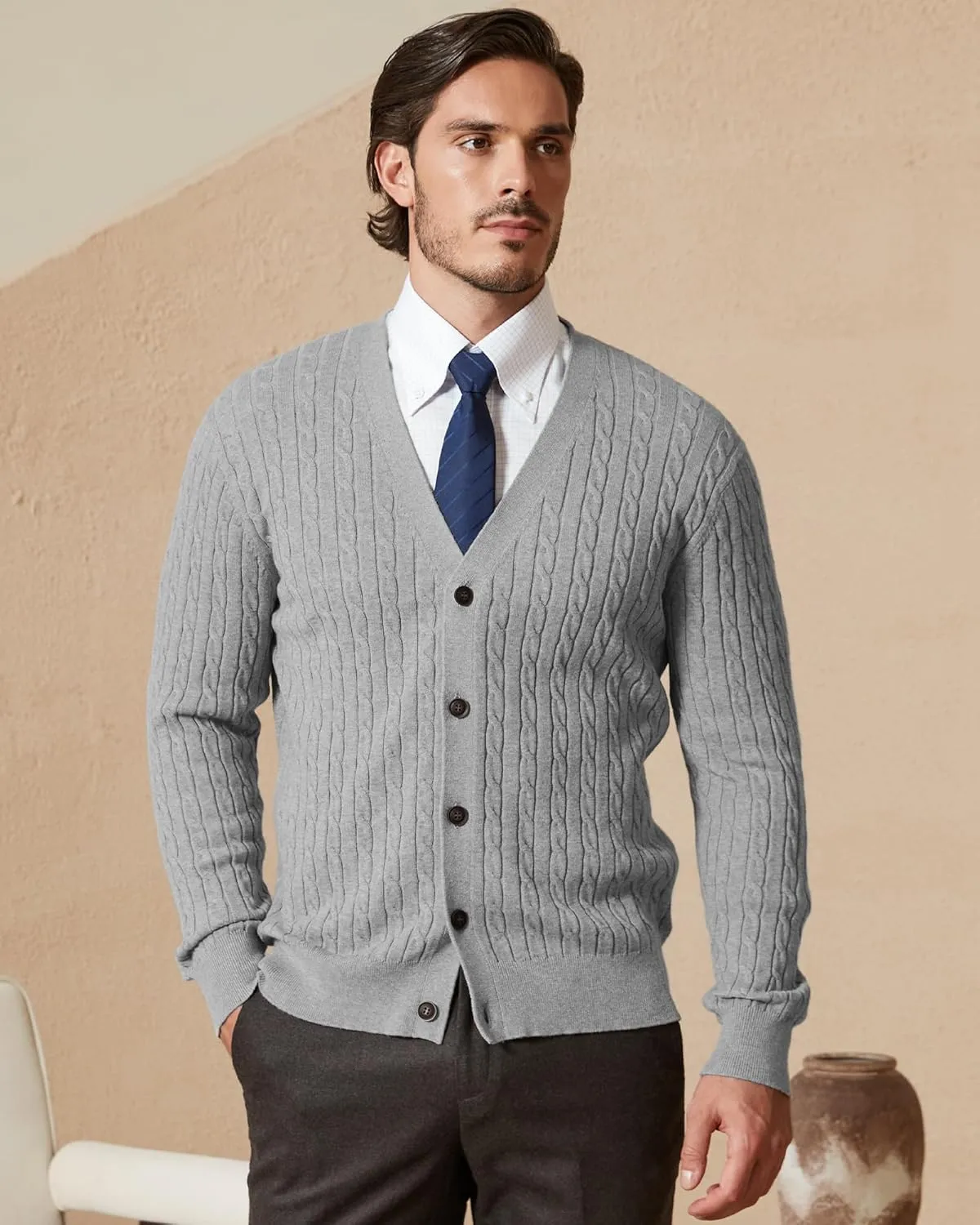 Kallspin Men's Pure Cotton Cable Knit Cardigan V-Neck Sweater Classic Casual Knitwear with Buttons
