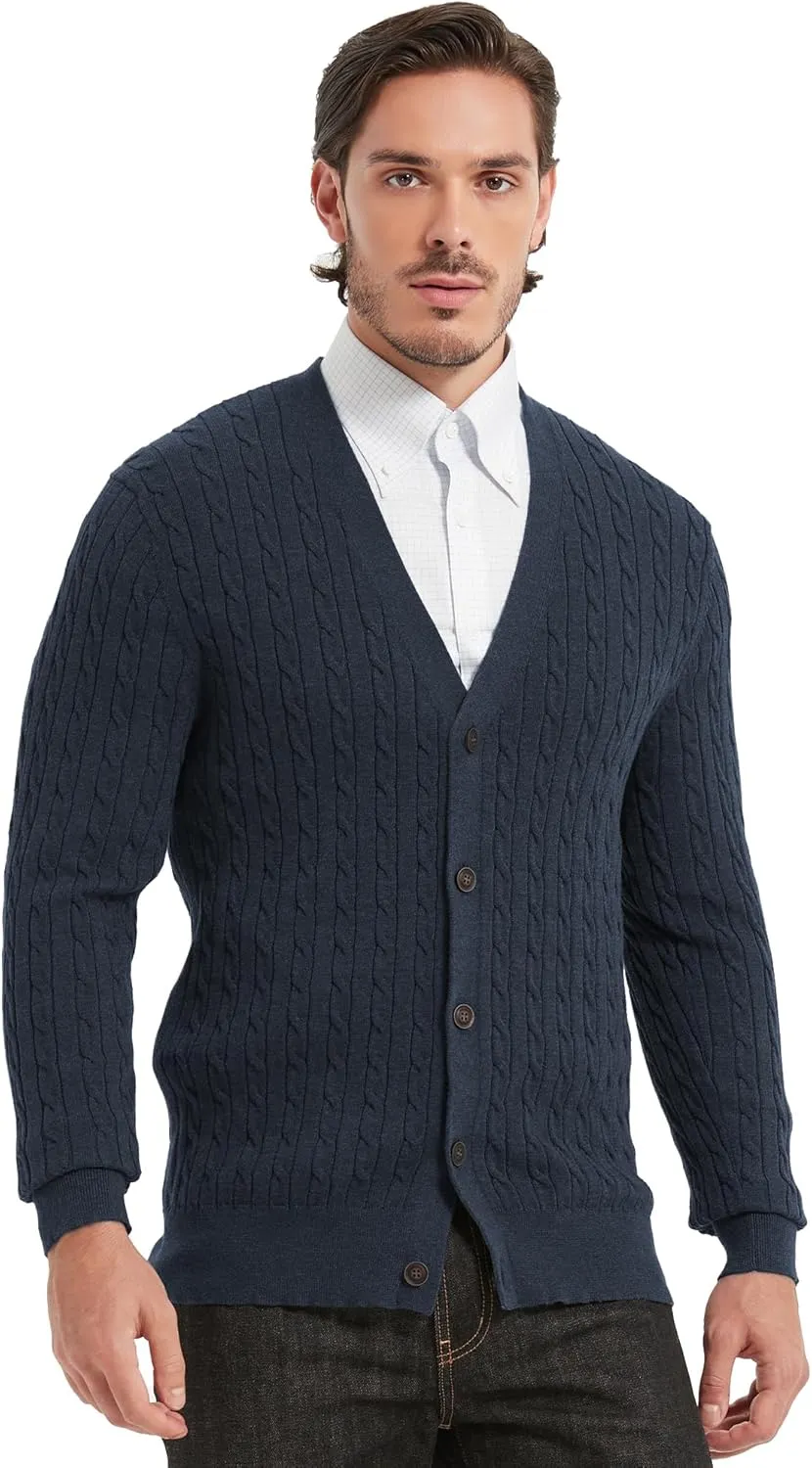 Kallspin Men's Pure Cotton Cable Knit Cardigan V-Neck Sweater Classic Casual Knitwear with Buttons
