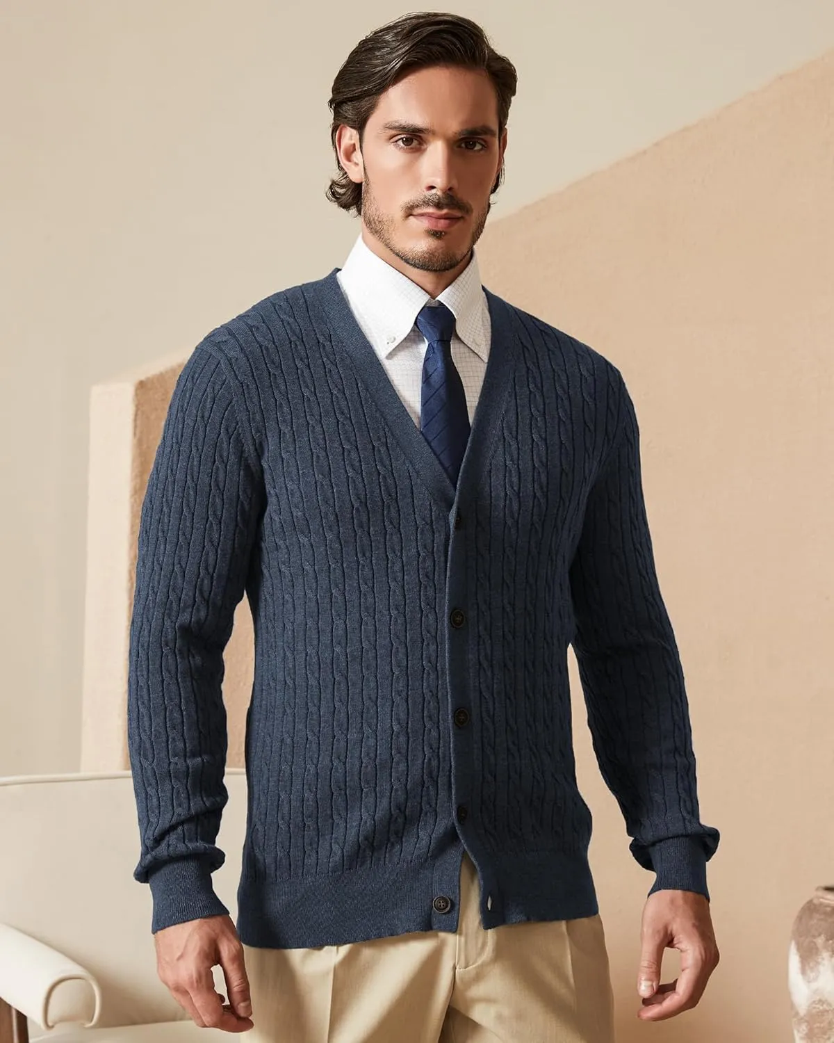 Kallspin Men's Pure Cotton Cable Knit Cardigan V-Neck Sweater Classic Casual Knitwear with Buttons