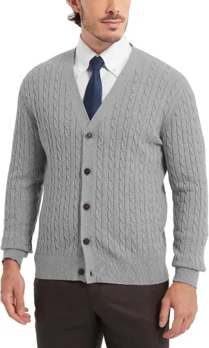 Kallspin Men's Pure Cotton Cable Knit Cardigan V-Neck Sweater Classic Casual Knitwear with Buttons