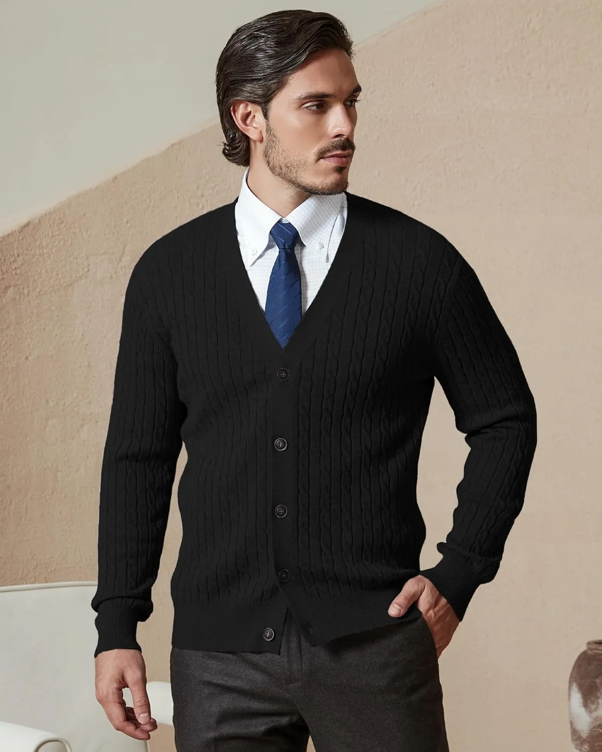 Kallspin Men's Pure Cotton Cable Knit Cardigan V-Neck Sweater Classic Casual Knitwear with Buttons
