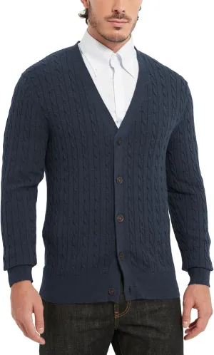 Kallspin Men's Pure Cotton Cable Knit Cardigan V-Neck Sweater Classic Casual Knitwear with Buttons
