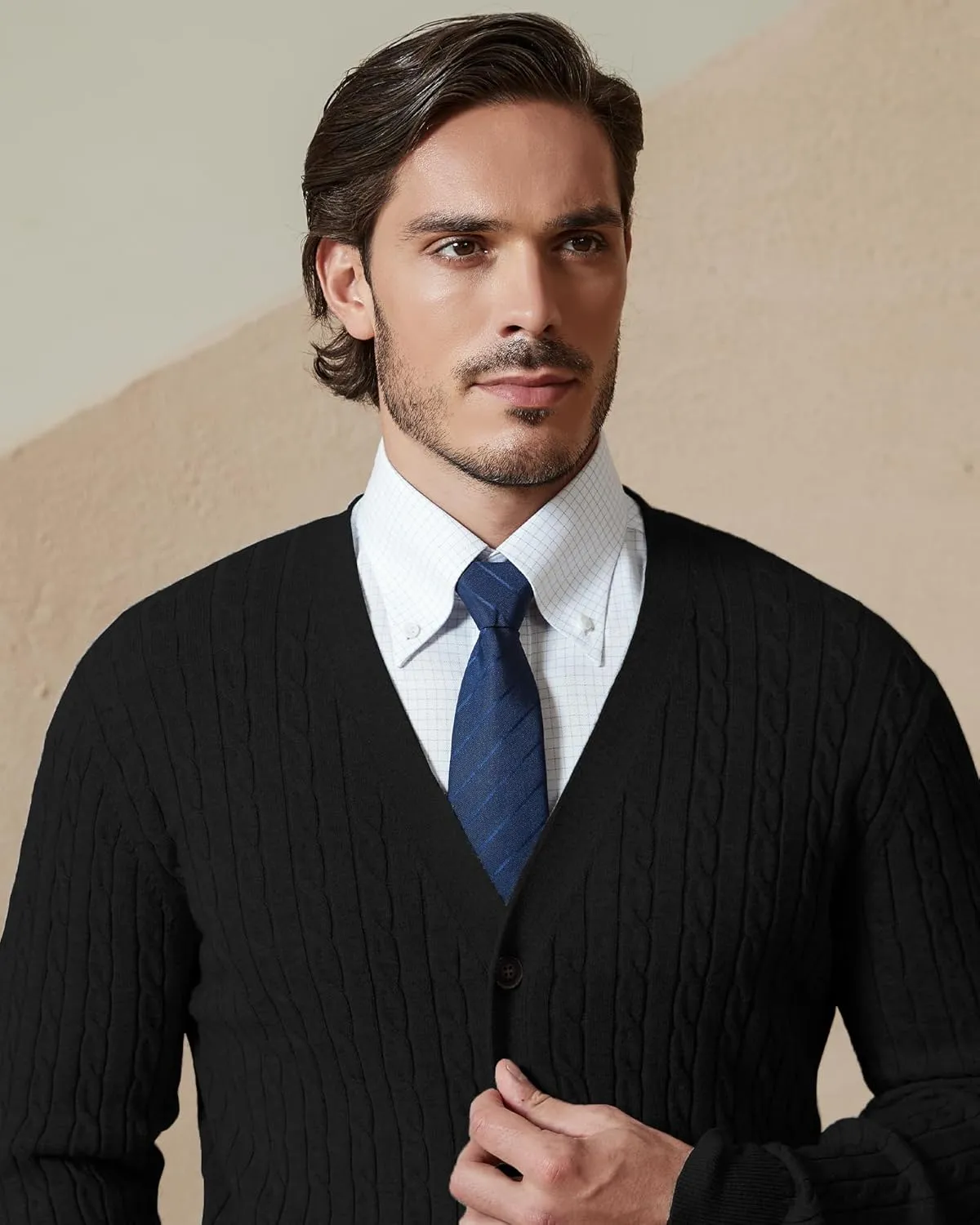 Kallspin Men's Pure Cotton Cable Knit Cardigan V-Neck Sweater Classic Casual Knitwear with Buttons