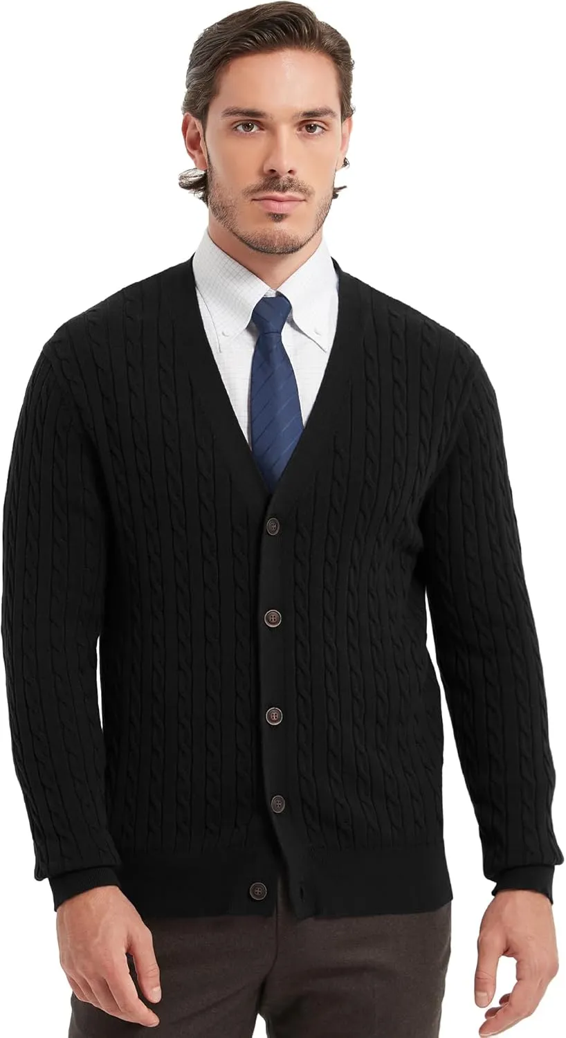 Kallspin Men's Pure Cotton Cable Knit Cardigan V-Neck Sweater Classic Casual Knitwear with Buttons