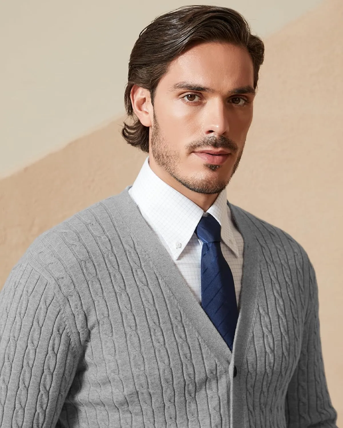 Kallspin Men's Pure Cotton Cable Knit Cardigan V-Neck Sweater Classic Casual Knitwear with Buttons