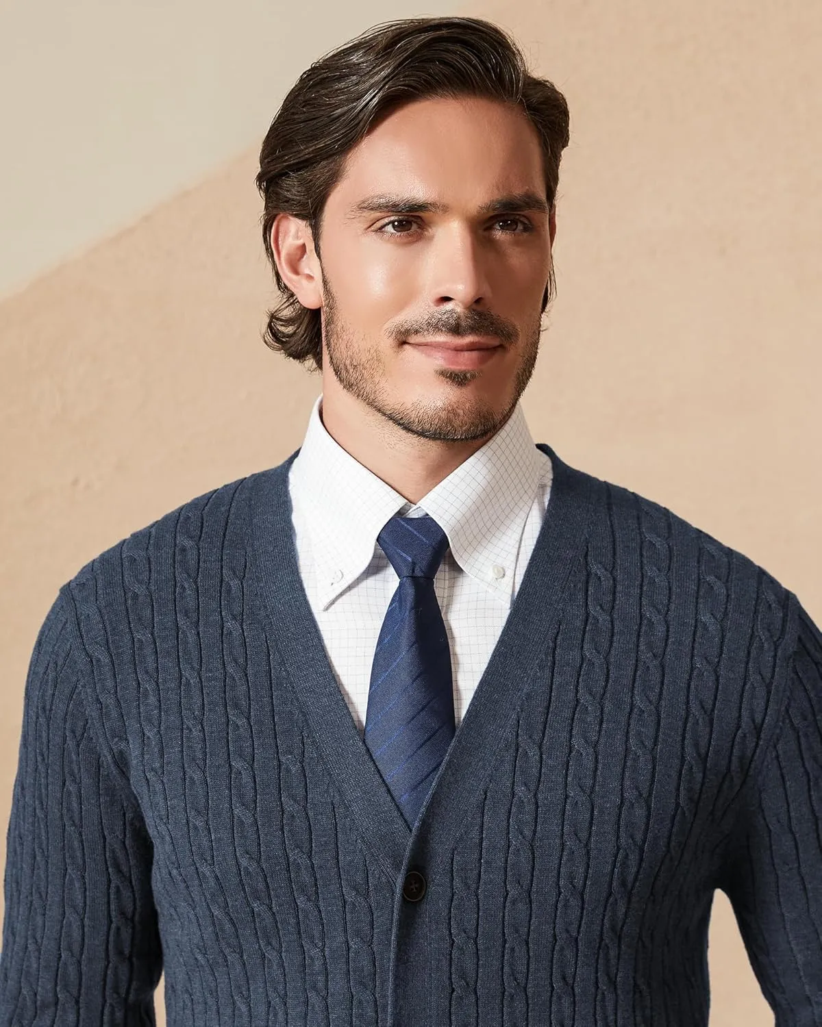 Kallspin Men's Pure Cotton Cable Knit Cardigan V-Neck Sweater Classic Casual Knitwear with Buttons
