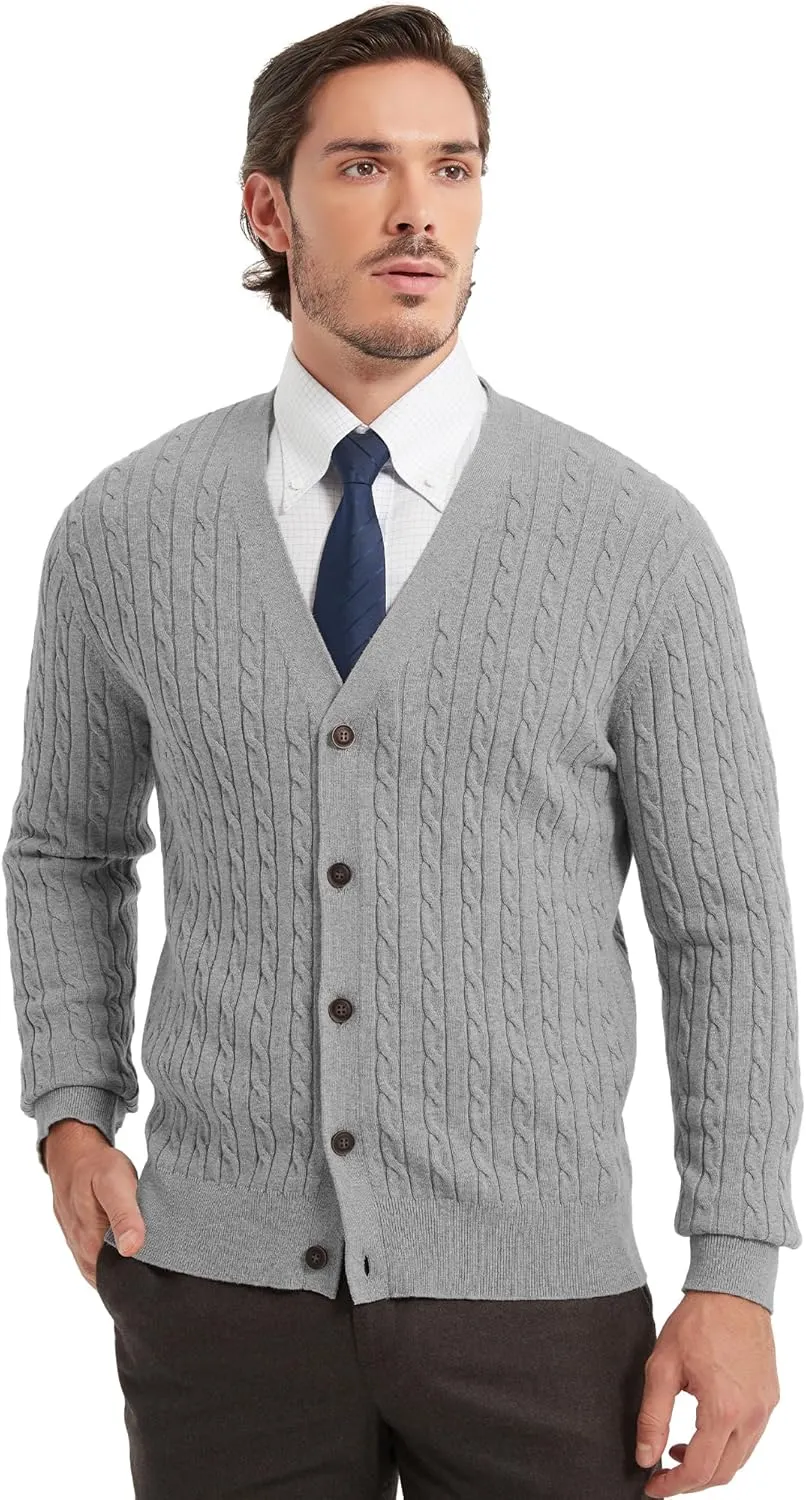 Kallspin Men's Pure Cotton Cable Knit Cardigan V-Neck Sweater Classic Casual Knitwear with Buttons