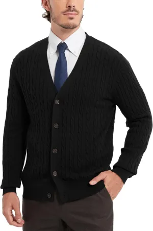 Kallspin Men's Pure Cotton Cable Knit Cardigan V-Neck Sweater Classic Casual Knitwear with Buttons