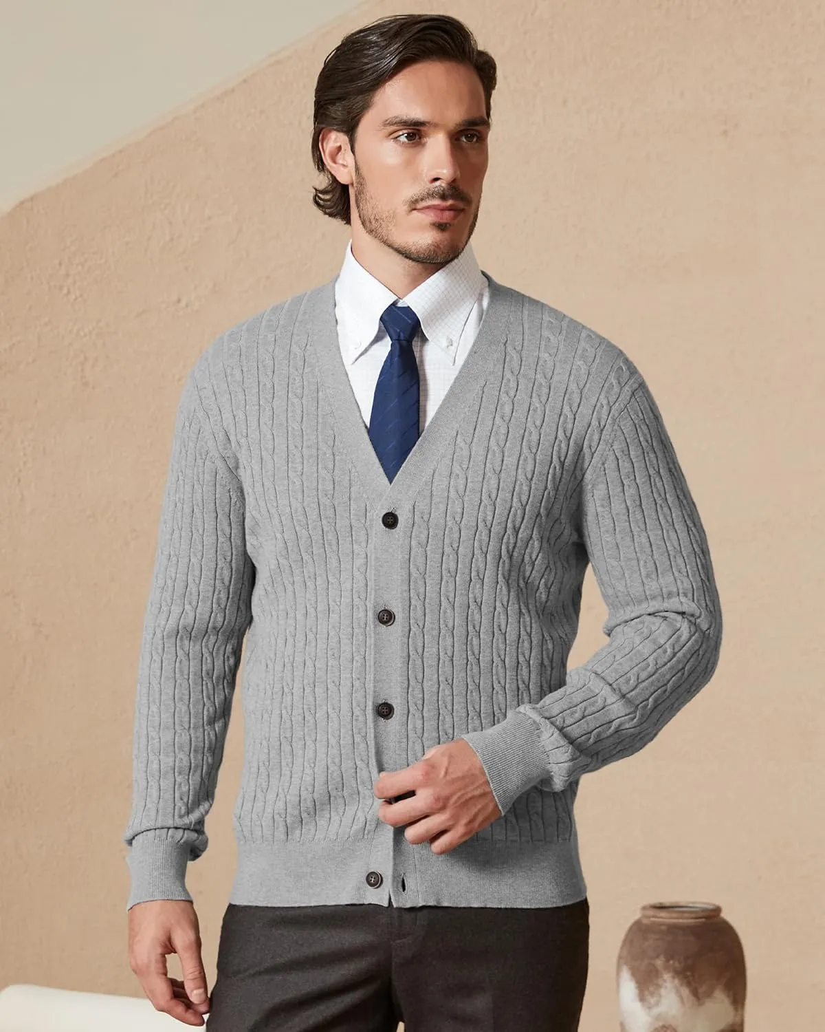 Kallspin Men's Pure Cotton Cable Knit Cardigan V-Neck Sweater Classic Casual Knitwear with Buttons