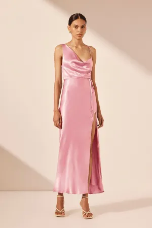LA LUNE DRAPED SIDE SPLIT MIDI DRESS - PEONY