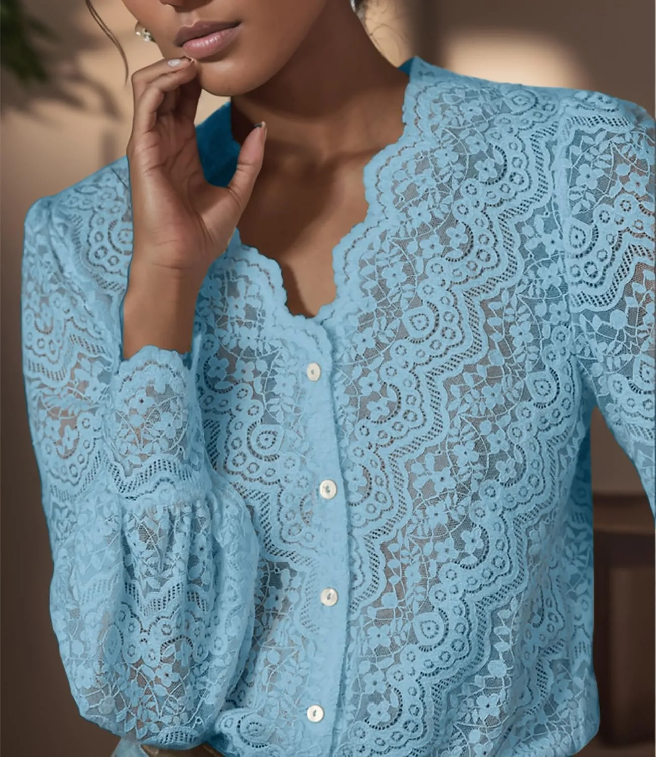 Lace Tops for Women Dressy Casual Blouses Puff Long Sleeve V Neck Button Down Business Work Shirts