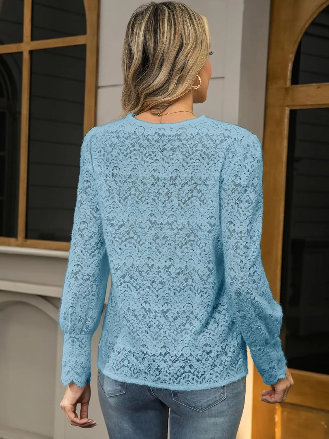 Lace Tops for Women Dressy Casual Blouses Puff Long Sleeve V Neck Button Down Business Work Shirts