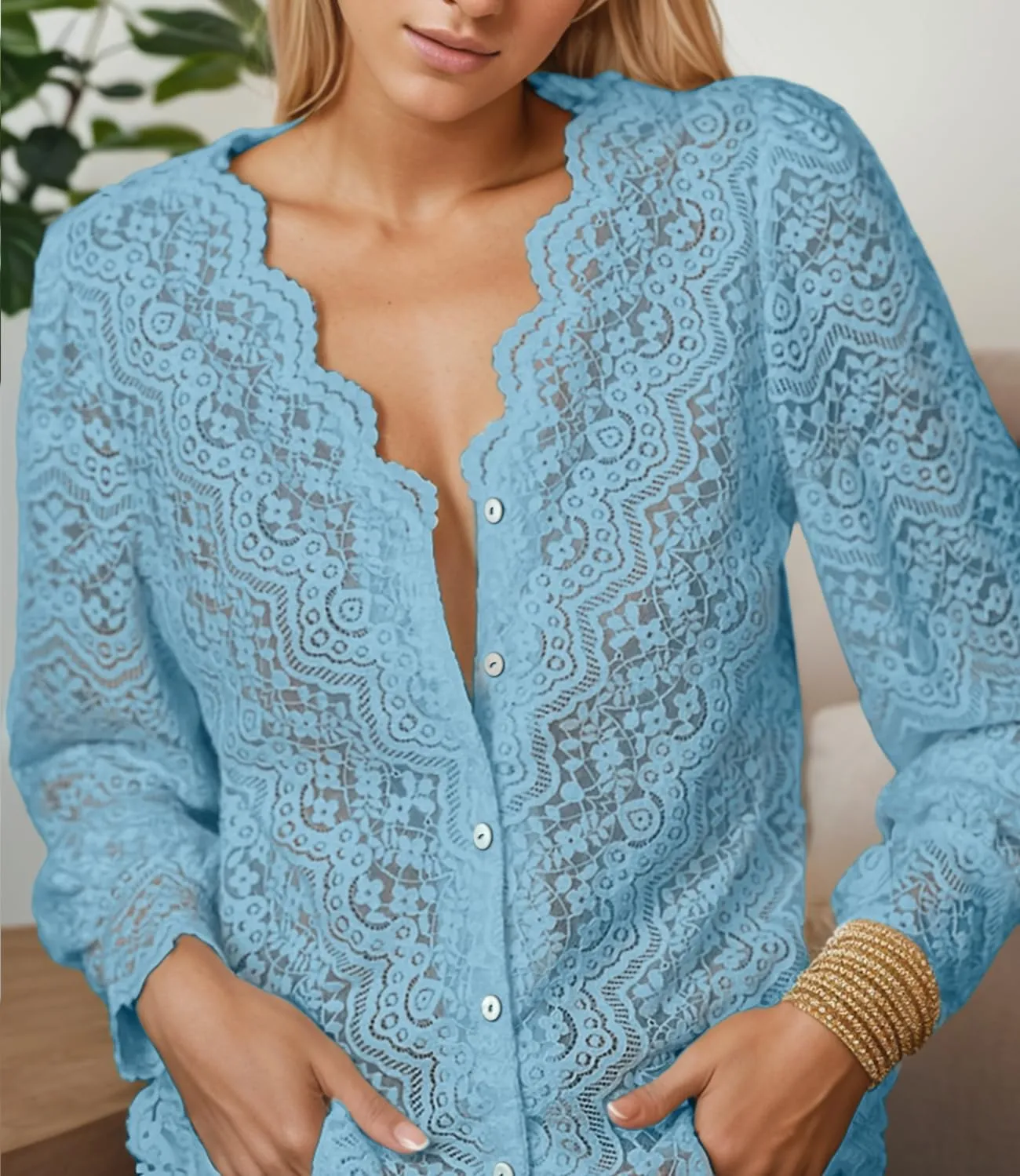 Lace Tops for Women Dressy Casual Blouses Puff Long Sleeve V Neck Button Down Business Work Shirts