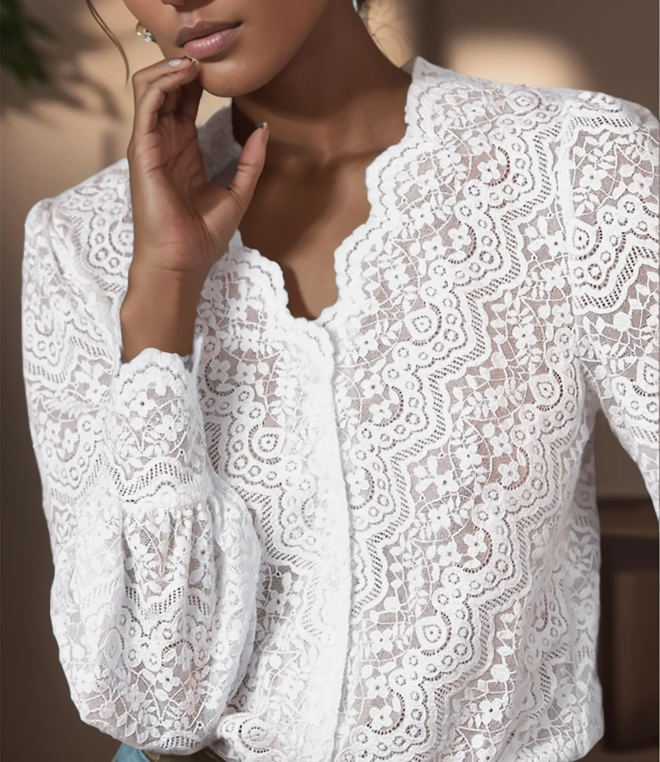 Lace Tops for Women Dressy Casual Blouses Puff Long Sleeve V Neck Button Down Business Work Shirts