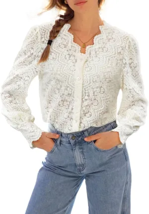 Lace Tops for Women Dressy Casual Blouses Puff Long Sleeve V Neck Button Down Business Work Shirts