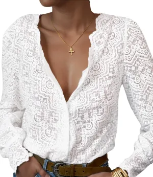 Lace Tops for Women Dressy Casual Blouses Puff Long Sleeve V Neck Button Down Business Work Shirts