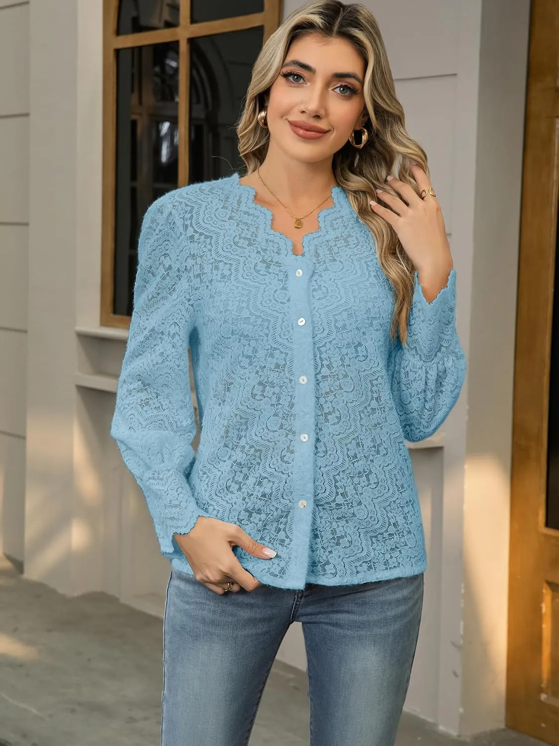 Lace Tops for Women Dressy Casual Blouses Puff Long Sleeve V Neck Button Down Business Work Shirts