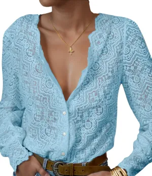 Lace Tops for Women Dressy Casual Blouses Puff Long Sleeve V Neck Button Down Business Work Shirts