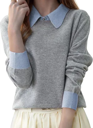LAI MENG FIVE CATS Women's Polo Contrast Collar Knitwear Casual Long Sleeve Patchwork Pullover Blouse Top