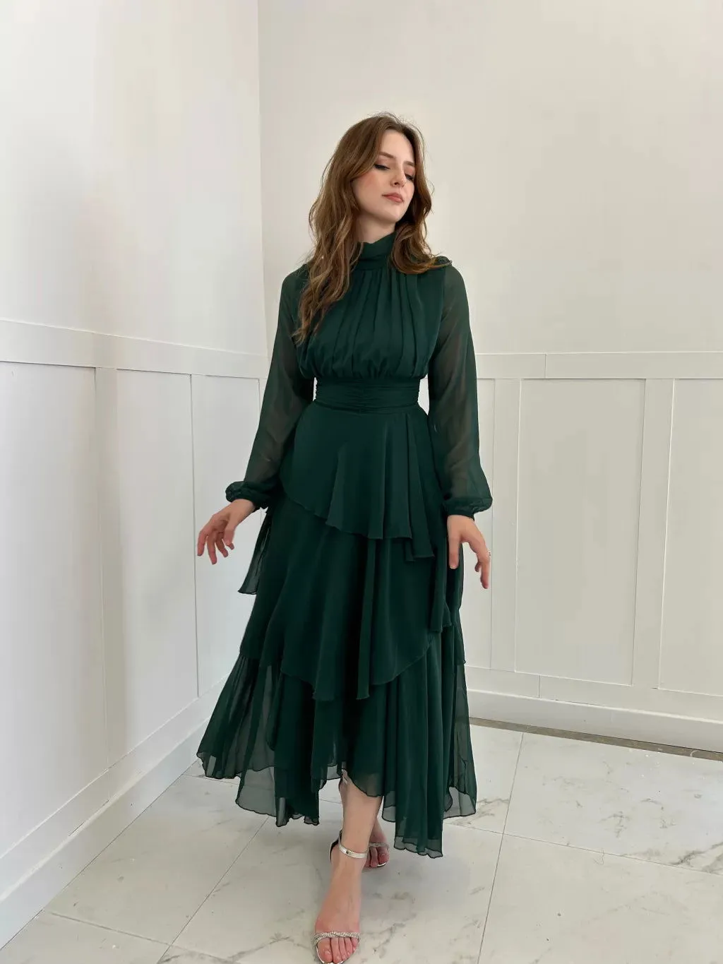 Layered Emerald Chiffon Dress-H